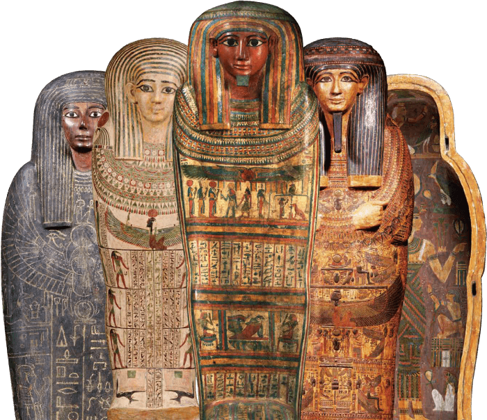左からパネシィの外棺（部分）、ハイトエムハトの棺（部分）、ホルの外棺（部分）、アメンヘテプの内棺（部分）