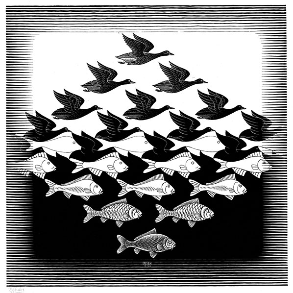 《空と水Ⅰ》 1938年All M.C. Escher works copyright c The M.C. Escher Company B. V. - Baarn-Holland.All right reserved www.mcescher.comM.C. Escher R is a Registered Trademark of The M.C. Escher Company B.V.