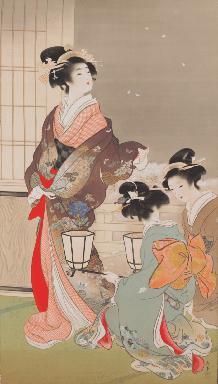 上村 松園《夕桜》1907年頃 絹本彩色金泥